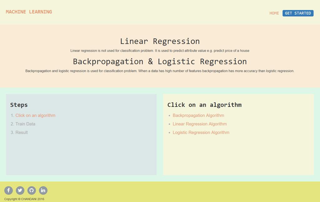 Figure 1.2: Content displayed after clicking Get Started button Below given figure 1.3 is an interface of Backpropagation learning algorithm.