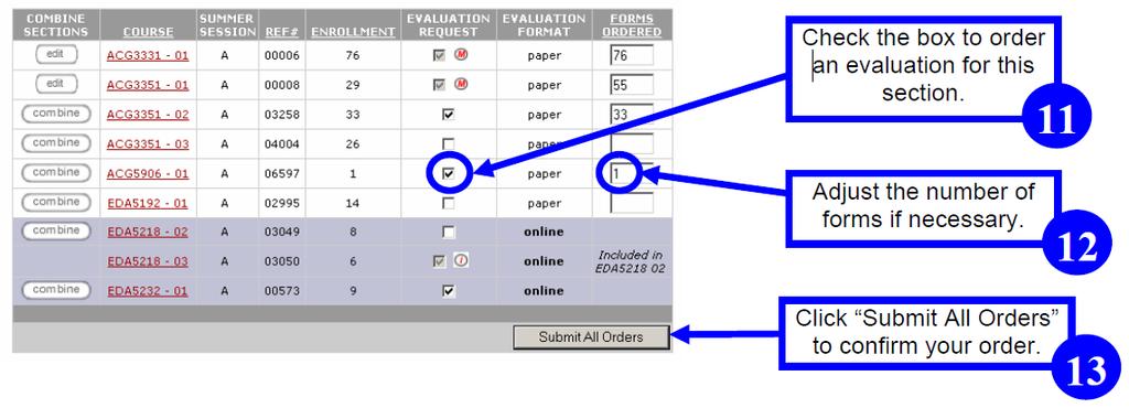 11. Next, add any individual evaluations by clicking the check box "Evaluation Request" for each course section you wish to have individually evaluated. 12.