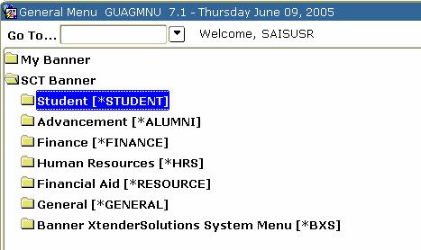 Student System Menu Introduction Student menu You can use the SCT Banner Student main menu to select from a list of the menus, forms, jobs, and QuickFlows.