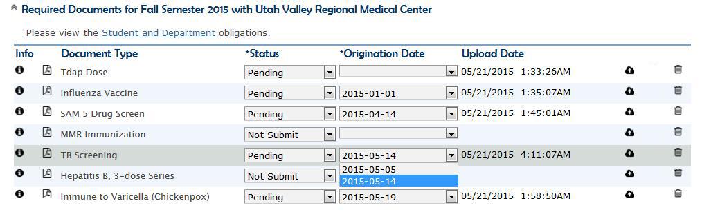 From the drop-down menu in the Required Documents section, select the correct origination dates.