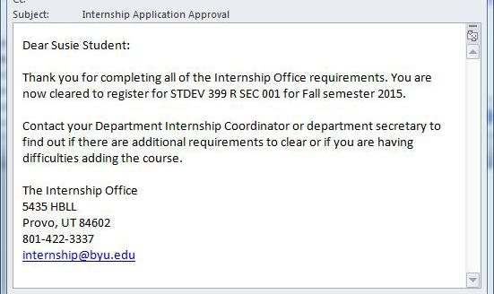 Adding an Internship Class Once a student s internship application has been approved by the Academic Internship Office the student will receive an notification email of the approval.