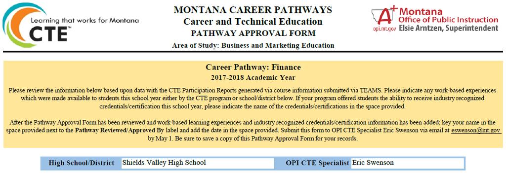 Pathway Approval Form Indicates CTE Program Area, Pathway,