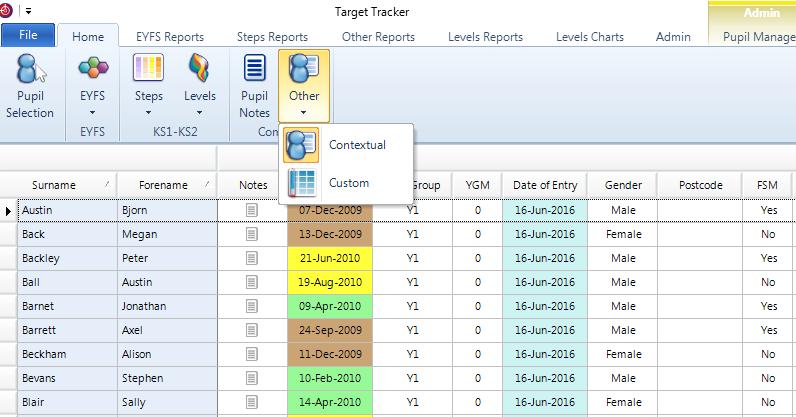 Pupil Selection > Other > Contextual If incorrect ask Admin staff to review and update in the MIS, then update Target Tracker using data