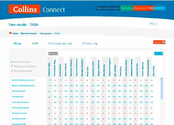 COLLINS CONNECT Sims sync GUIDE: teacher guide which shows you results for homework and tests. The radio buttons at the top can be used to select different sets of results.