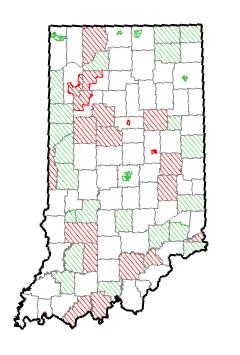 Within Indiana, there are several areas that are designated as medically underserved areas or populations, shown in the map below.
