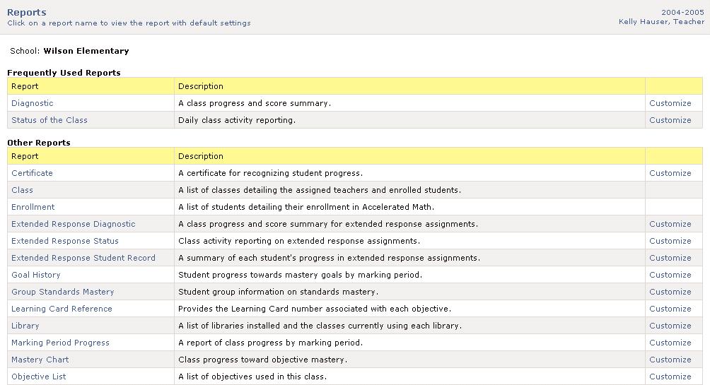 Print Reports Reviewing reports is your best way to monitor students work in Accelerated Math. The table on the Reports page lists the 25 Accelerated Math reports, many of which are customizable.