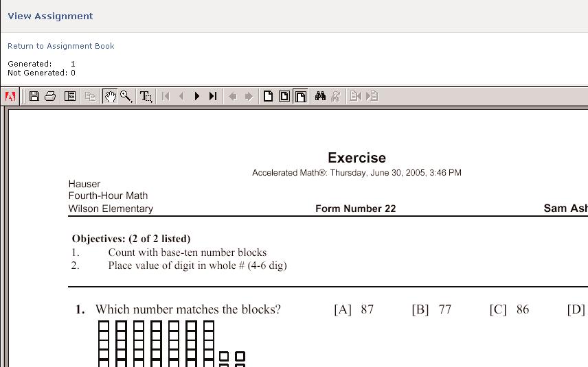 3. Accelerated Math then generates the assignment, and you can preview it in Acrobat Reader. (Note: The default is to not preview assignments.