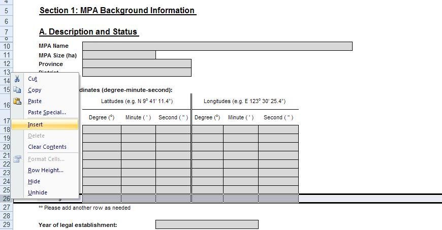2. After Pop Up Menu appear (see Figure 2), select Insert. Then, an additional row will be added/inserted automatically. Repeat the steps as needed. Figure 2. Adding/inserting row to table 3.1.