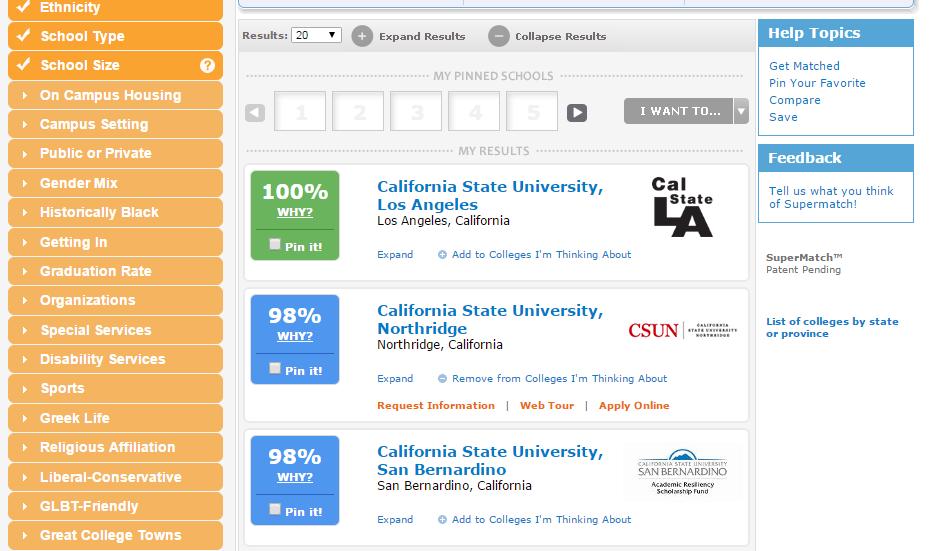 SuperMatch College Search Other search criteria Tutorial Help: Pin, Compare, & Save your College Results Choose