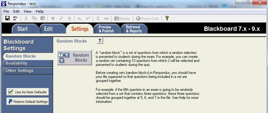 5. Settings Tab Respondus allows you to select settings prior to uploading an exam to Blackboard.