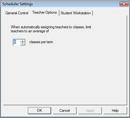 Teacher Options When automatically assigning teachers to classes, limit teachers to an average of _ classes per term The number you specify here represents the maximum number of classes a teacher can