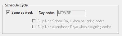 General tab The General tab allows you to set your school start date, and the days in your scheduling cycle. If your classes meet every day, check the SAME AS WEEK option.