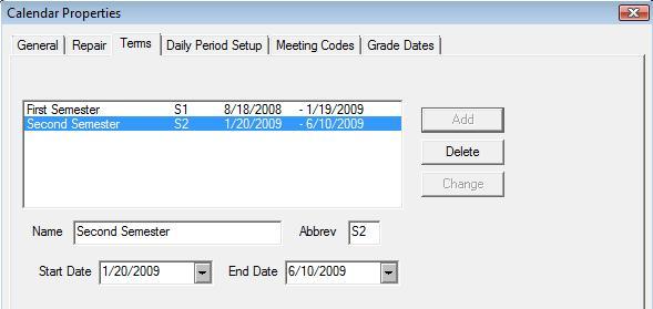 Terms Select the Terms tab to add or edit terms (e.g., semesters) including term names and start and end dates. You should include all terms defined for the calendar.