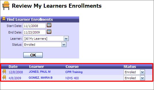 4) The following screen indicates Learners that have enrolled in classes