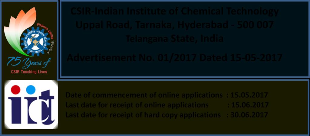 A unique opportunity for research careers in Science & Technology CSIR-Indian Institute of Chemical Technology, Hyderabad (CSIR-IICT) is a Premier Research Laboratory under the Council of Scientific