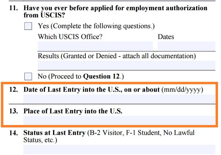 Question 12: Date of Last Entry into the U.S.