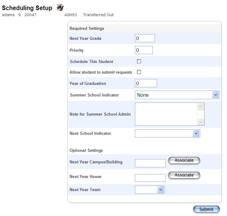 Scheduling Setup Next Year Grade - Schedule This Student check this box Year of Graduation Next