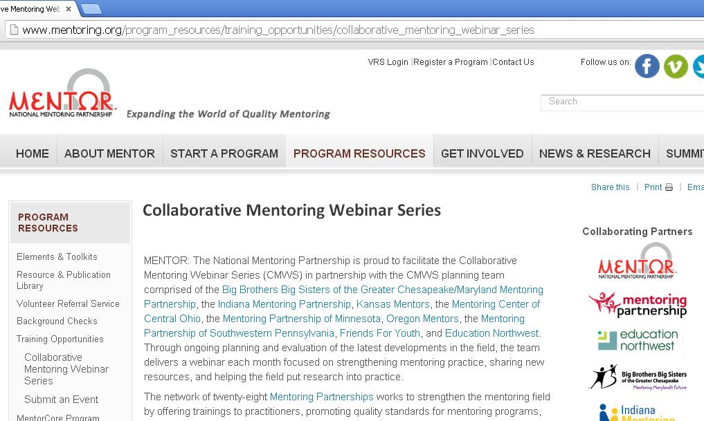 Access CMWS Information Email us at collaborativewebinarseries@mentoring.