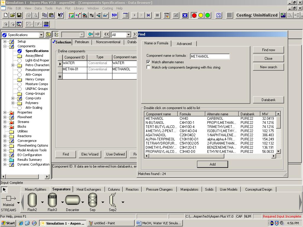 Fig. 7: Selection of component package To add components, use the display on Fig. 7. Click find, then type the compound name or formula and click find now.