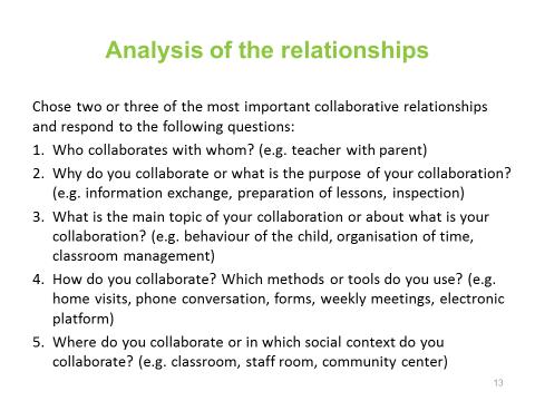 Information for trainer: After having gained an overview of all collaborative relationships (Collaboration Map), this activity gives participants the opportunity to reflect on the nature of selected
