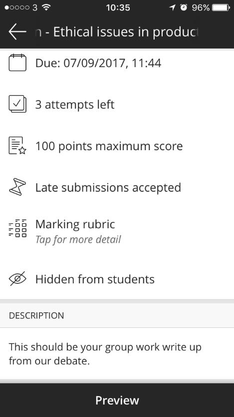 Login to your Blackboard course using a desktop or laptop, to make any adjustments to assignment settings or adjust assignment instructions.