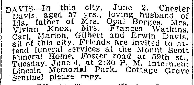 Oregonian, August 26, 1927 p18 Children of Thomas Davis and Missouri Hall 1. Charles Elmer Davis b.