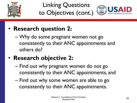 SLIDE 4.15 TIME: 5 minutes Thank you everybody for your ideas on research questions and objectives for our safe motherhood scenario.