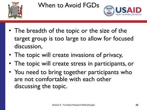 SLIDE 6.20 TIME: 2 minutes There are situations when you should avoid using focus groups. Some of those situations are listed on this slide. [Read the slide.