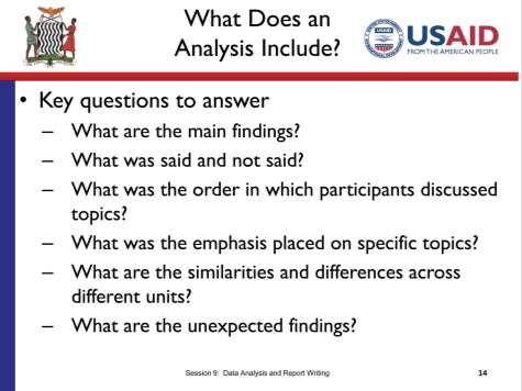SLIDE 9.14 TIME: 10 minutes What are the main findings? The main findings should include constants that emerged in each topic area.
