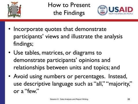 SLIDE 9.22 TIME: 10 minutes Always try to incorporate quotes that demonstrate participants views and illustrate the analysis findings. Transcripts are particularly useful when selecting quotes.