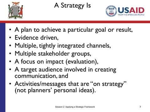 SLIDE 2.7 TIME: 6 minutes How is this definition different from the one we have identified? [Acknowledge responses.] A strategy is a plan to achieve a particular goal or result.
