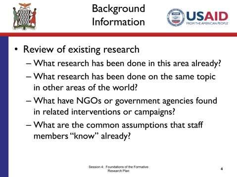 SLIDE 4.4 TIME: 4 minutes You will also want to include a Background section. This covers two critical areas a review of existing research and an identification of research gaps.