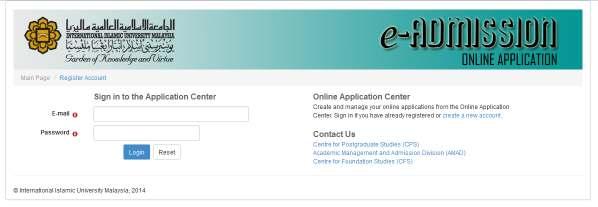 ONLINE APPLICATION CENTER The url address is http://dev-albiruni.iium.edu.my/eas/index.php/student/eas_login and the main page will be displayed as ( Figure 1-1 : Main Page ) below.