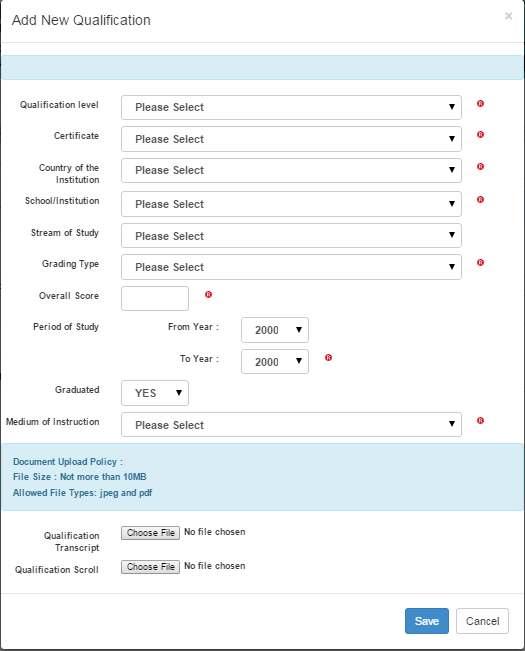 Figure 5-2: Add New Qualification Page 2) Fill up all required fields and press Save button once done. Press Cancel button to cancel the input. 3) Press Delete button to remove the record.