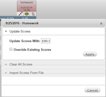 4. To fill a column with the same score click the Mass Update Scores button. 5. Click on Update Scores. 6. Enter the value to update for all students in the class. 7.