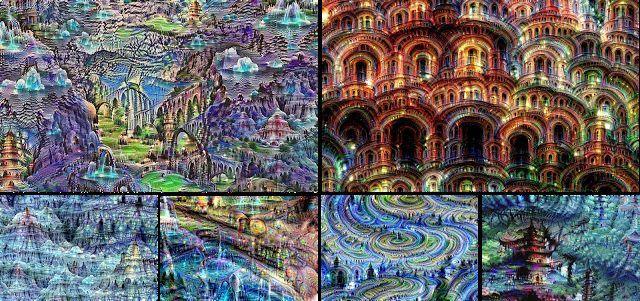 DeepDream visualization of internal feature representation Starting from white noise image, backpropagate the gradient from a trained