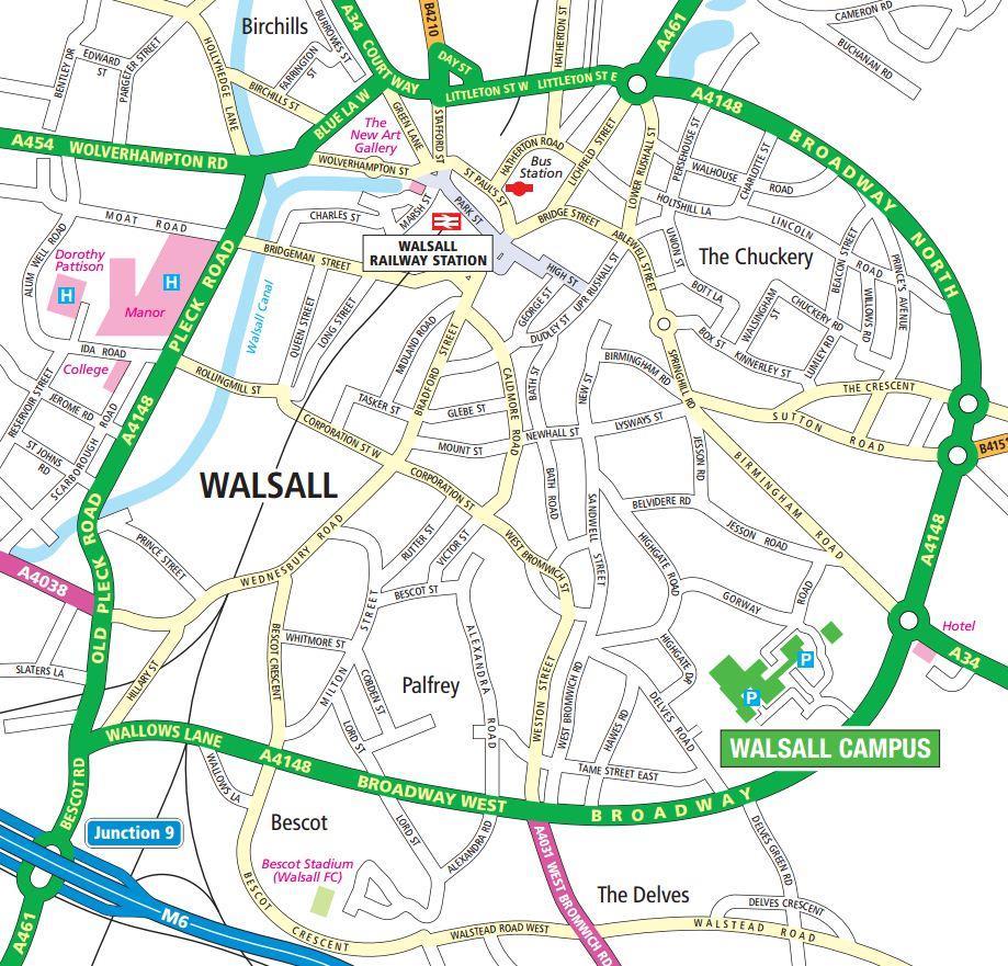 Map and directions to Walsall Campus By road: Leave the M6 at Junction 9 and follow the A4148 towards Birmingham making sure you get into the right-hand lane.