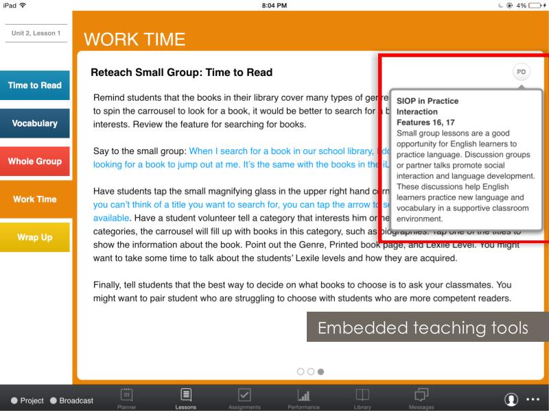 Embedded Teaching Tools ilit ELL provides embedded tools to support teachers in successful program implementation. Each lesson includes scripting and scaffolded teacher support.