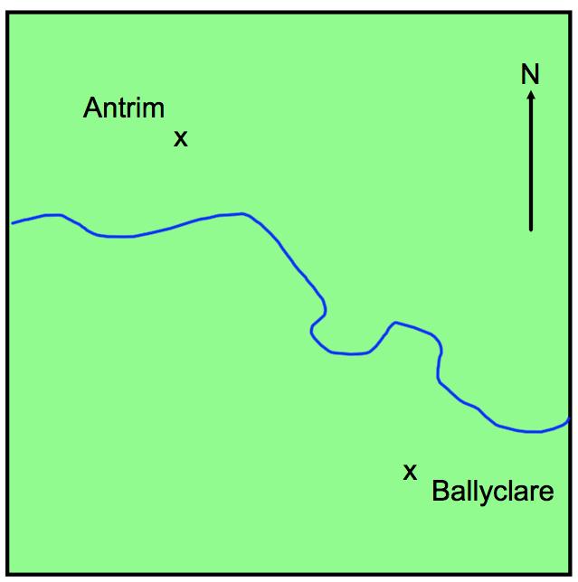 32. The map below shows the position of two towns.