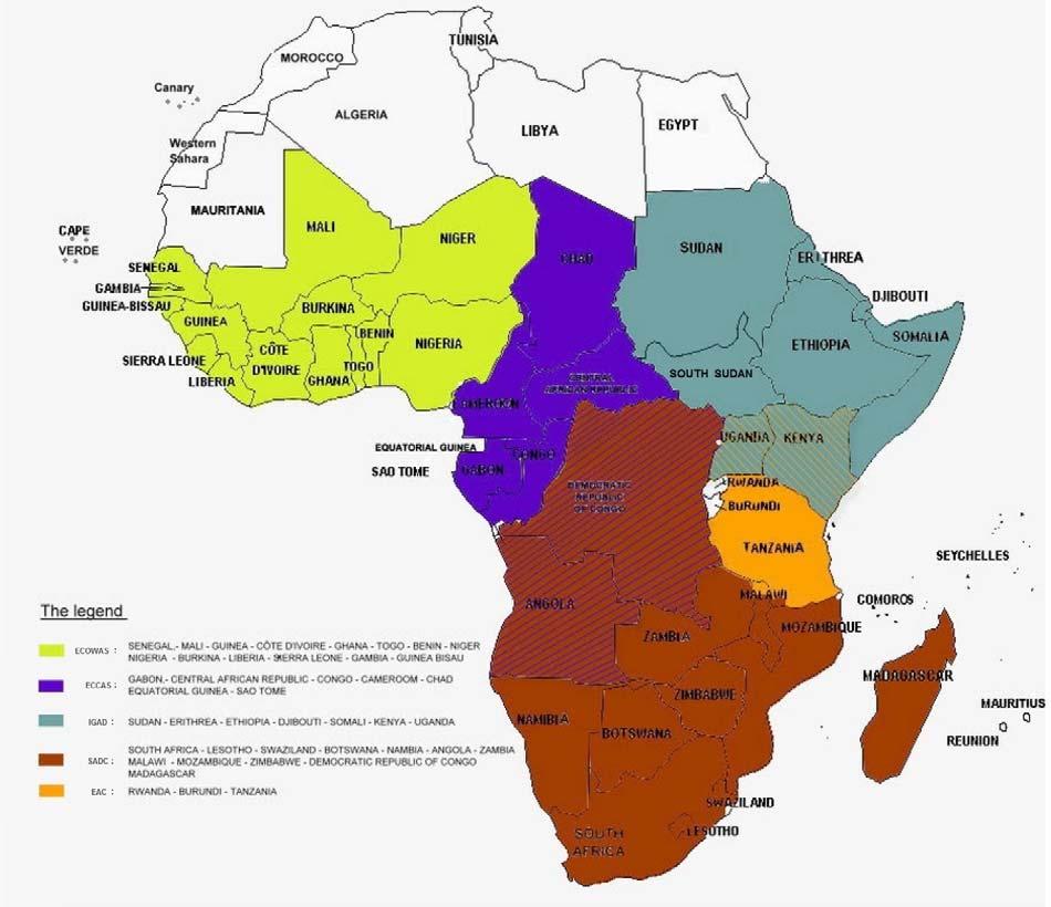 The Regional Economic Communities in Sub Saharan Africa6 6 The striped areas reflect the countries that