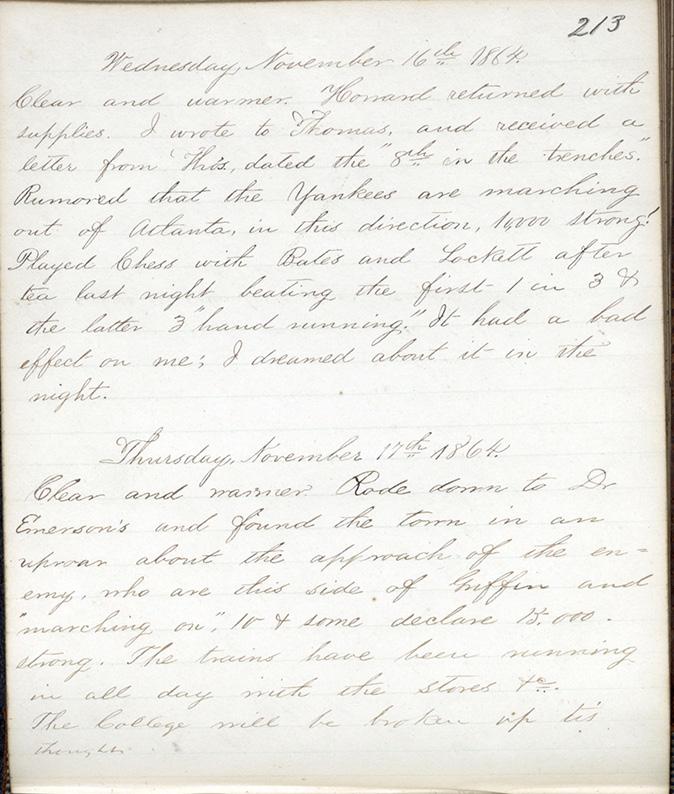 Title: LeRoy Wiley Gresham (1847 1865). Diary entry, November 17, 1864.
