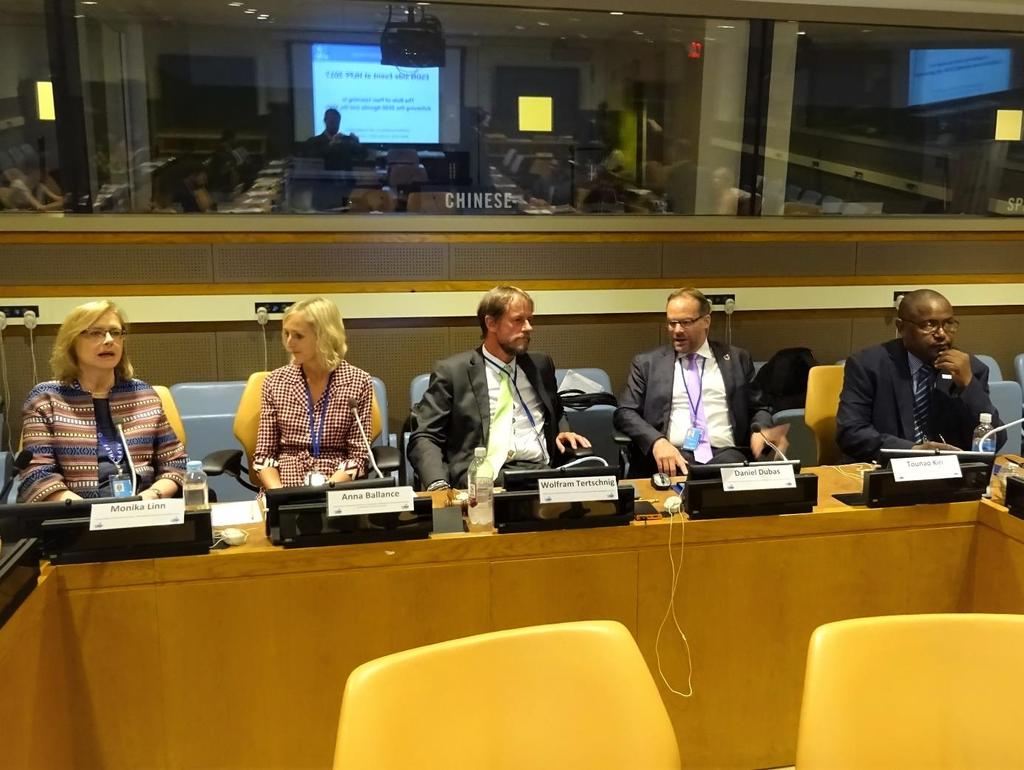 Keynote speakers of the ESDN Side Event at HLFP 2017 (l-r): Monika Linn (UNECE), Anna Ballance (DG Environment, European Commission), Wolfram Tertschnig (ESDN Co-chair, Federal Ministry of