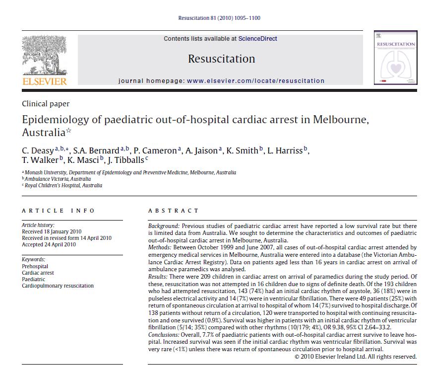 209 cases, 193 had resus attempts 25% ROSC on arrival at hospital 7% survived to discharge Only one (0.
