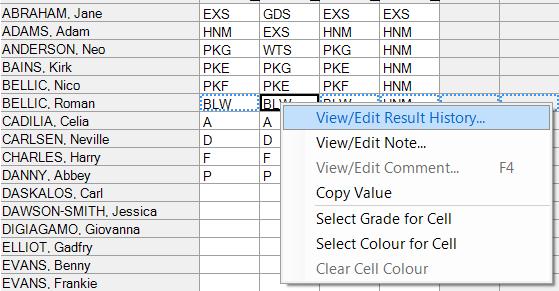 3.3 Correcting a mistake in the marksheet To remove an incorrect grade or grade entered by mistake users should right-click the cell with the wrong result and select View/Edit Result History.