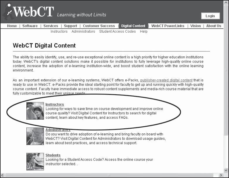 e-packs Digital content is available to instructors through e-packs. e-packs are course content that are developed by WebCT content partners and designed for use with WebCT.