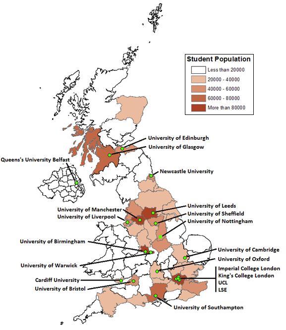 Figure 2: Student population by county and the 20 Russell Group Universities 2010/11 Source: HESA Student Record Data