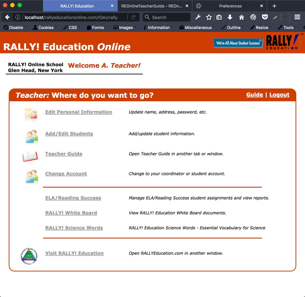 Teacher Home Page After login, you will be at the Teacher Home Page (Note: if you have also added yourself as a student, you will see another page where you can choose to login as a teacher or as a