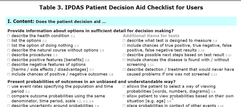 IPDAS Checklist 74 items in 11 broad