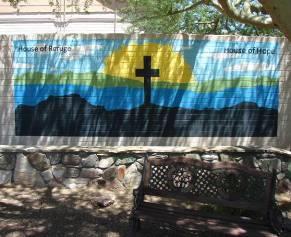 me" mural - Moira Winter; (2) Blue, green and yellow mural (cross in