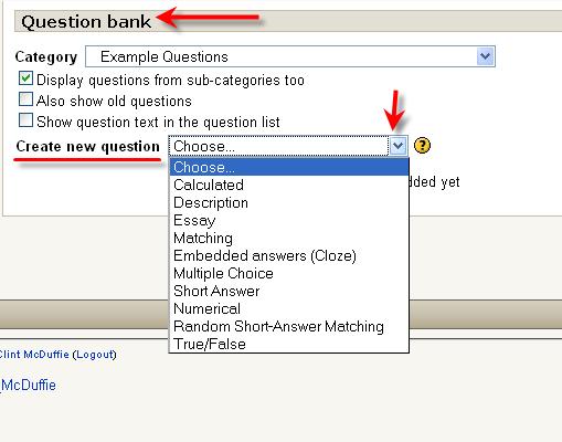 Begin to add questions to this category by clicking on Create new question under the